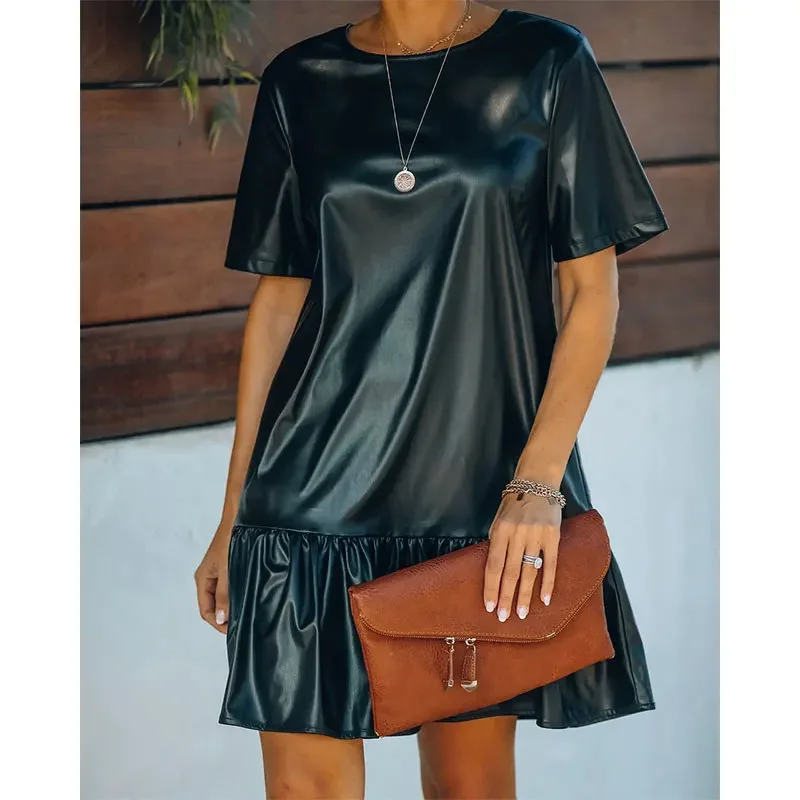 

Women's Summer Short Sleeve Mini Dress Ruffle Hem Casual Mini Dresses Faux Leather Elegant Solid Loose Dress
