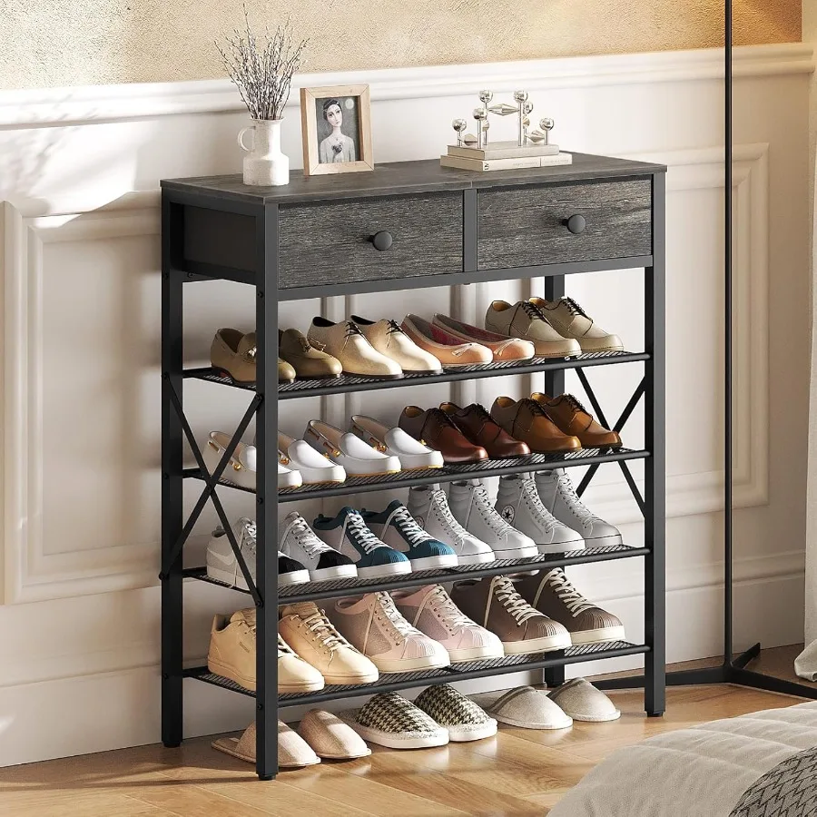 5 Tier Shoe Rack Large Capacity Shoe Storage Organizer Metal Shoe Shelf with Drawer and Wooden Top for 20 Pairs of Shoes for En