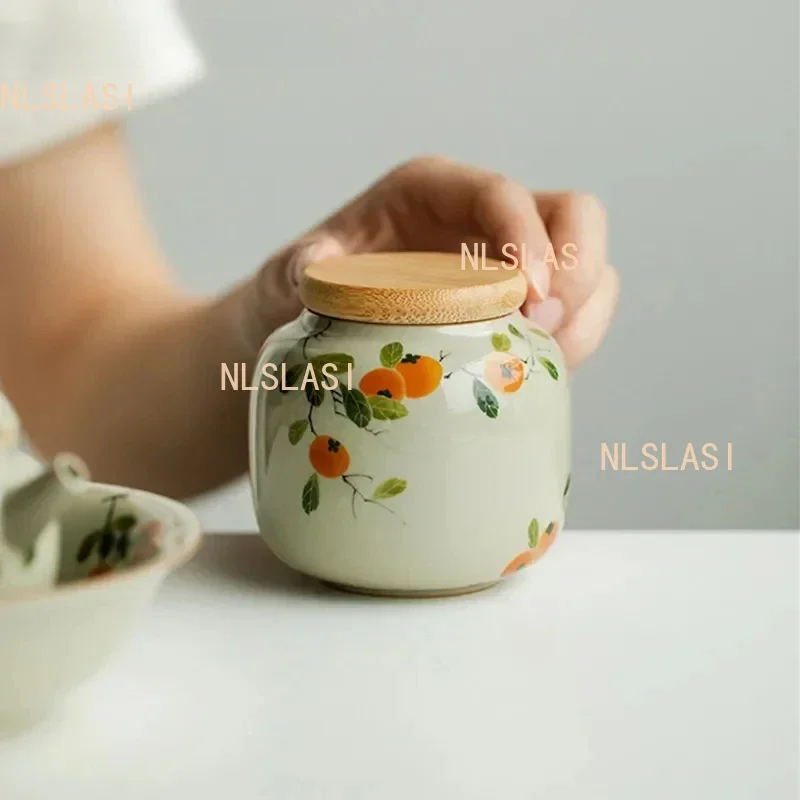1pc Chinese Ceramic Tea Caddy Hand-painted Persimmon Tea Jar Travel Tea Bag Storage Box Sealed Container Storage Tank Teaware