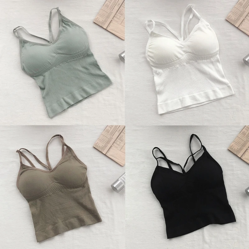 5pcs 여성 섹시한 넥 Strappy 스포츠 브래지어 솔리드 컬러 무선 요가 운동 캐미솔 Bralette 패딩 늑골이있는 속옷