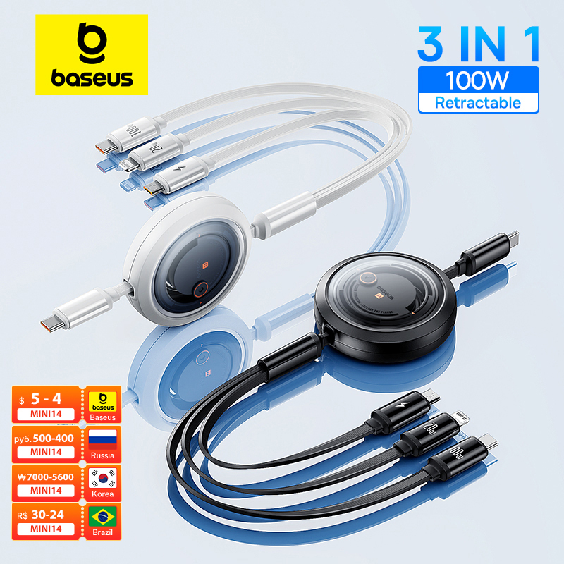 Baseus Retractable 100W 3 in 1 Fast USB Cable for Macbook iPad Portable 3 in 1 Type C Charger Cable For iPhone 16 15 Samsung