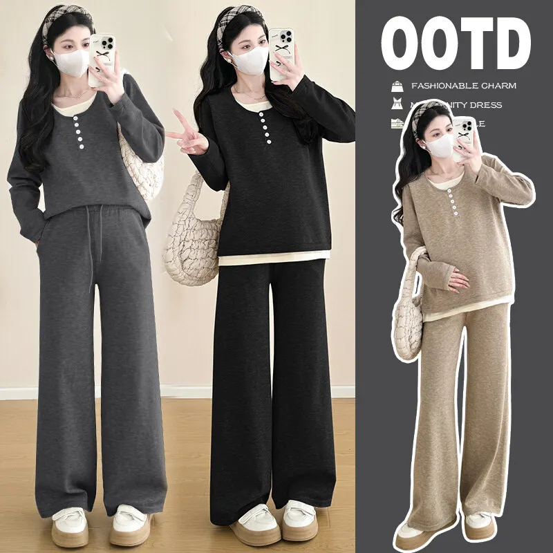 O72080# Pregnant Women Suit Spring Autumn Wide Leg Womens Tops Stylish Suits Women Casual Knitted 2 Pcs Maternity