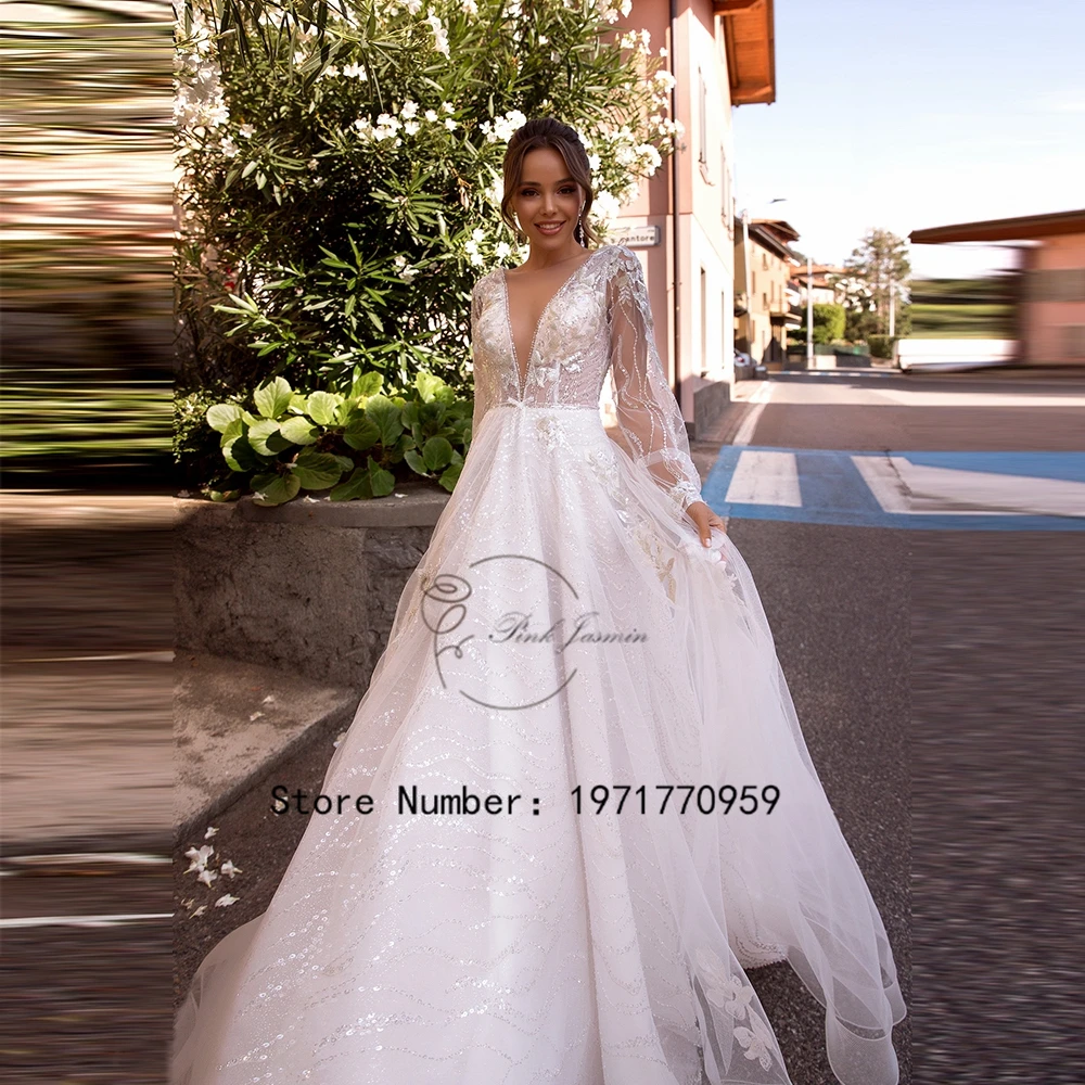 

Exquisite Ivory Wedding Dresses For Women Full Puffy Sleeves Applique Backless Bridal Gowns Sweep Train Robe De Mariée 2024 New