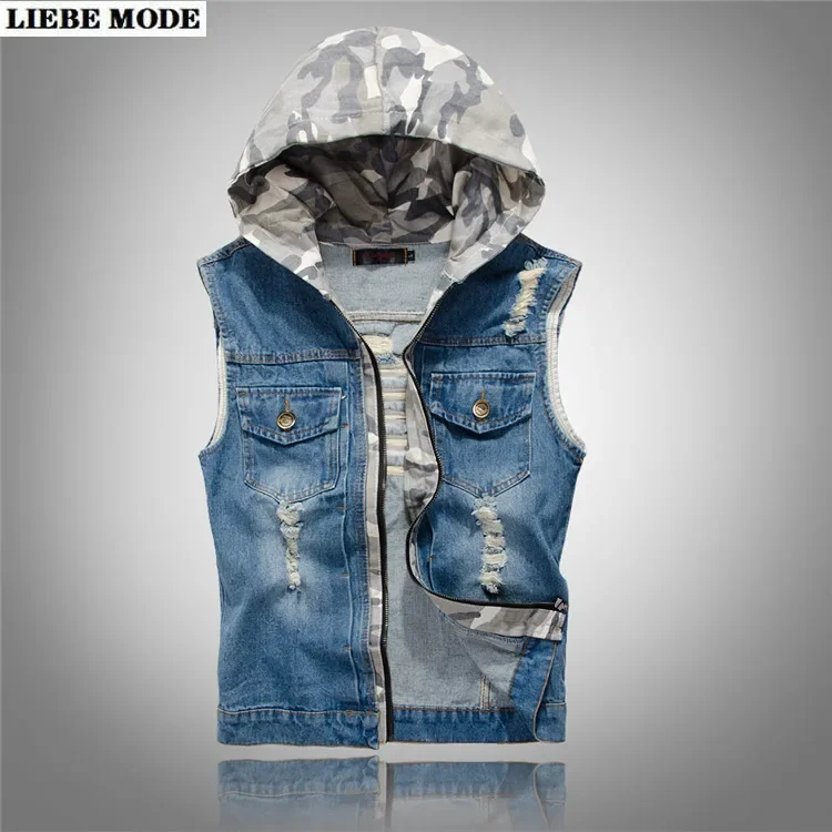 

Mens Camouflage Hooded Denim Vest Men Sleeveless Jeans Jacket Hip Hop Ripped Hole Waistcoat Plus Size Chaleco Hombre 4XL 5XL