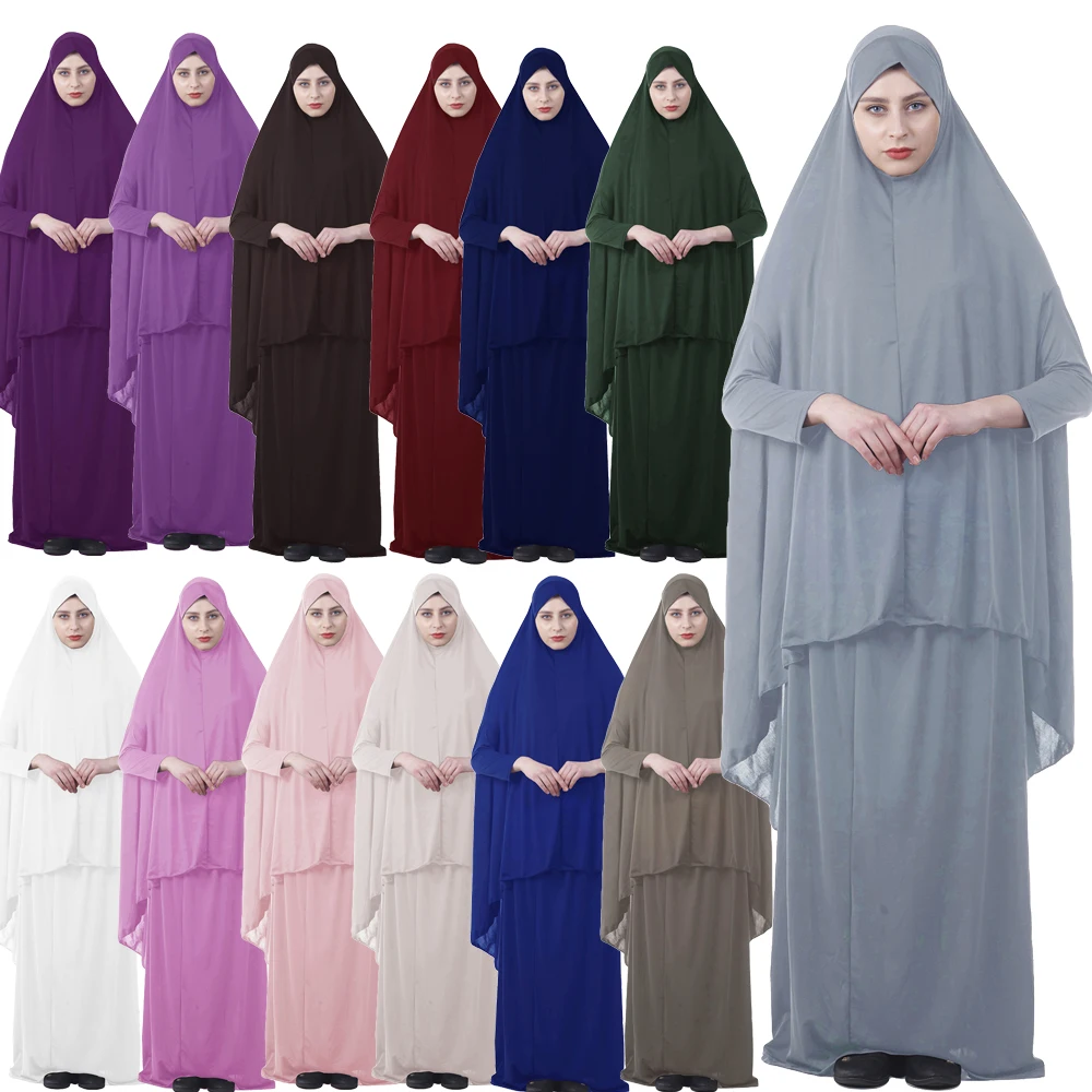 

Мусульманские женщины химар Abayas комплект из 2 предметов верхняя мусульманская молитвенная одежда Роба Искусственный шарф платье Рамадан ИД кафтан