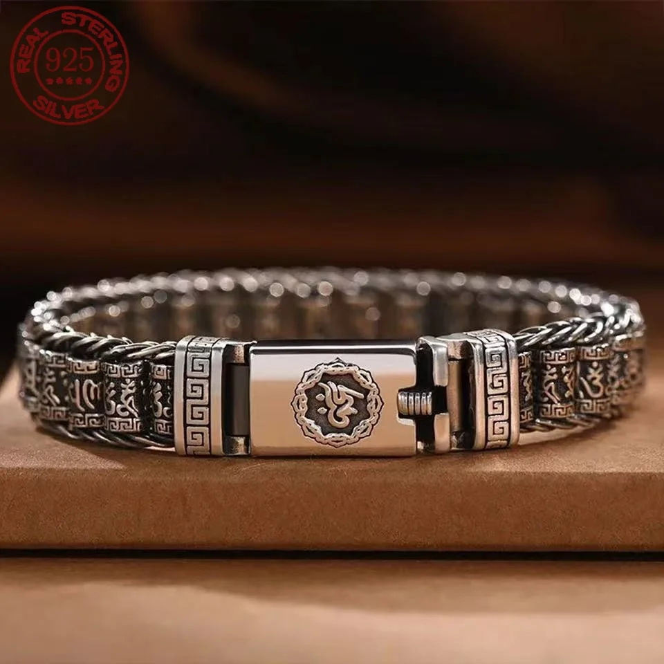 RetroStyleMenBraceletSimpleandGenerousSilverBraceletWovenSix-CharacterMantraBracelet925SilverChainJewelry-AliExpress