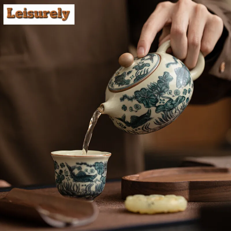 230ml Ancient Fish Algae Pattern Xishi Teapot Imitation Song Ru Kiln Ball Hole Infusions Pot Tea Brewing Kettle Cha Collection