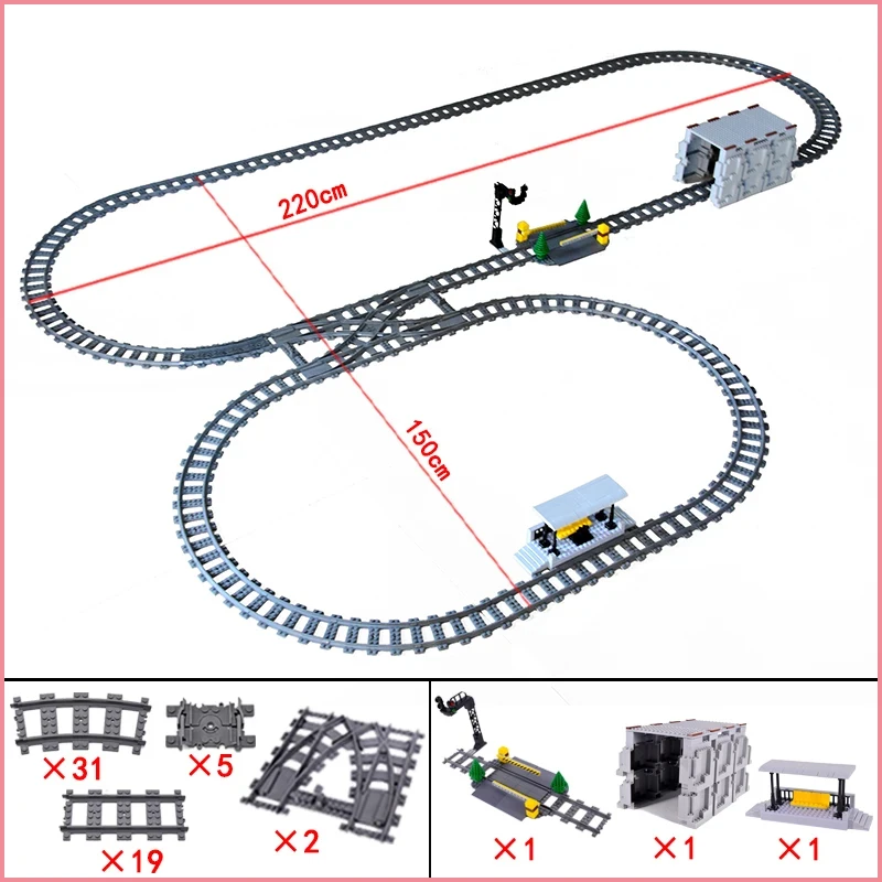 City Train Station Platform Traffic Light Cave Flyover Tracks Straight Curved Rails Building Block Bricks Technican Creative Toy 4
