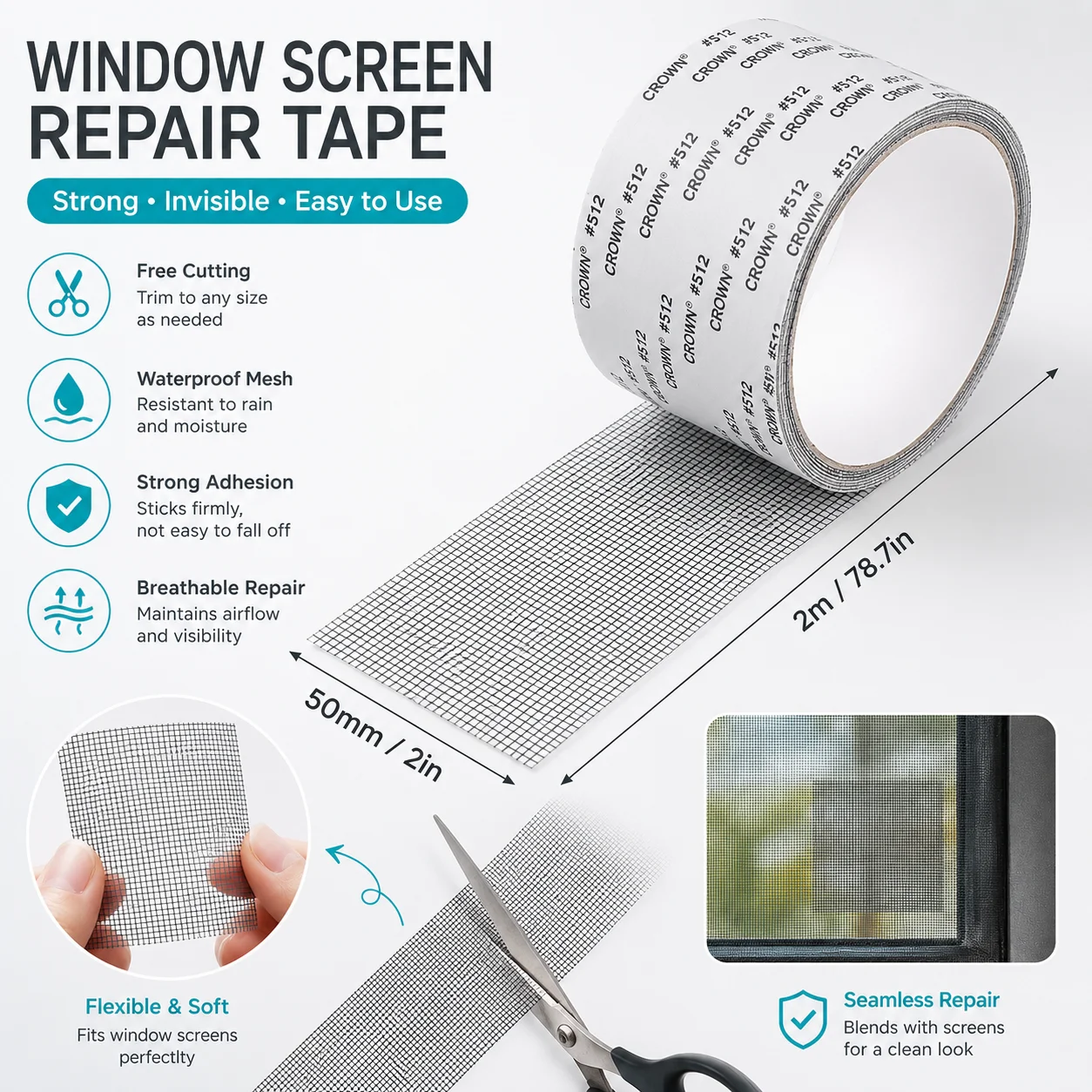 창문 방충망 수리용 메쉬 테이프 자가 접착 방수 패치 모기장 수리 도구 도어 창문 가정용 키트 세트 팩