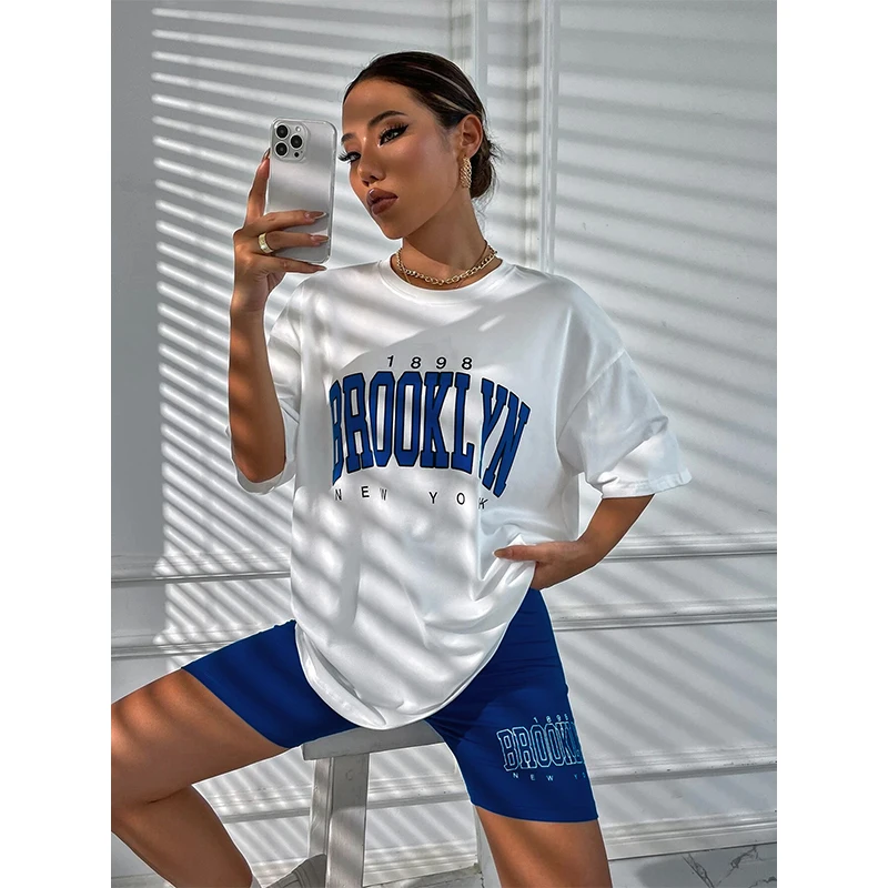 Ling Women's Pajamas Summer Fashion 2PCS Cycling Shorts with T-Shirt Set Letters Print Short Sleeve Leisure Suit Loungewear