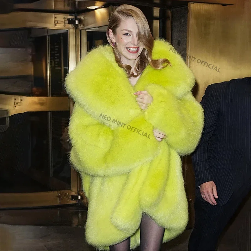 Neo Mint Women Luxury Brand Runway Fashion Long Hooded Faux Fur