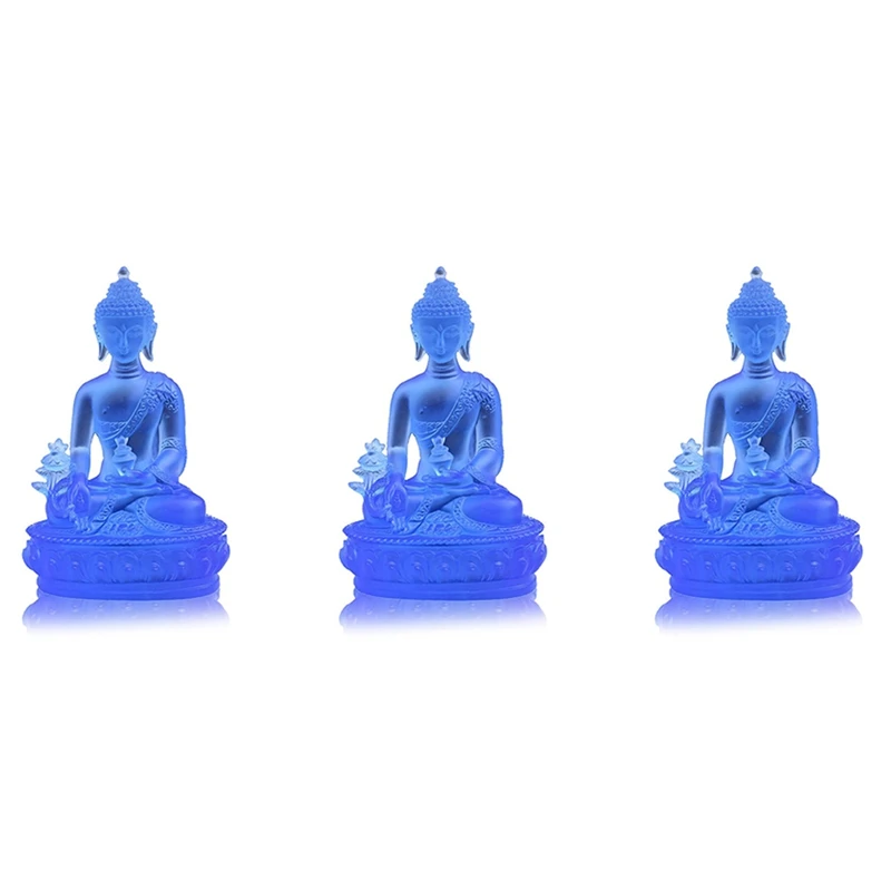 

3X Tibetan Medicine Buddha Statue,Translucent Resin Buddha Sculpture Meditation Decor Spiritual Decor Collectible -Blue