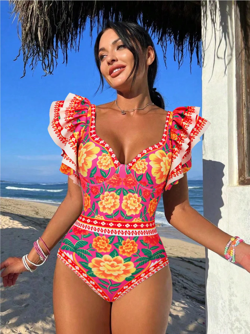 

2024 New V Neck Ruffled Contrast Print One Piece Swimsuit Set Summer Swimwear Women Beachwear Bathing Suit