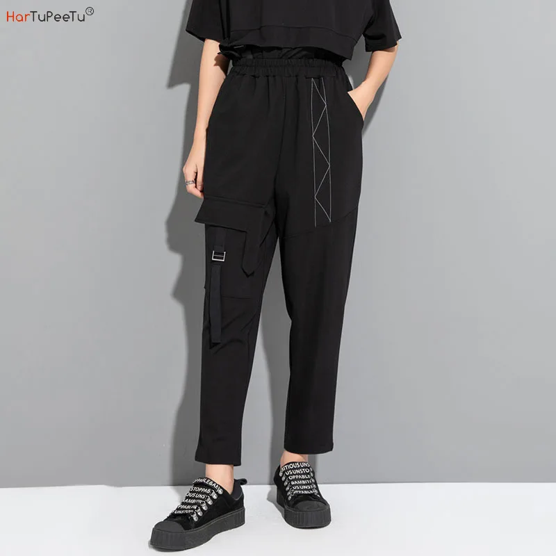 Black Cargo Pants Women Lightweight Trousers Cotton 2023 Summer Elastic High Waist Ankle Length Loose Fit Streetwear