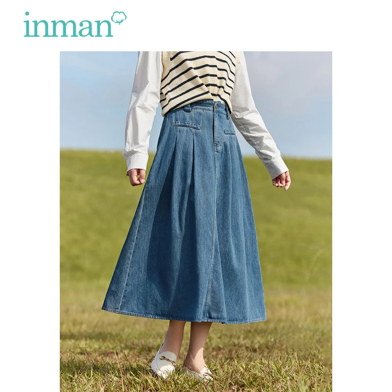 INMAN Women Denim Skirt 2023 Autumn Elastic Waist A-shaped Pleated Design French Retro Elegant Temperament Mid-length Skirt 2023 summer temperament commute urban style washed slim denim skinny pants women