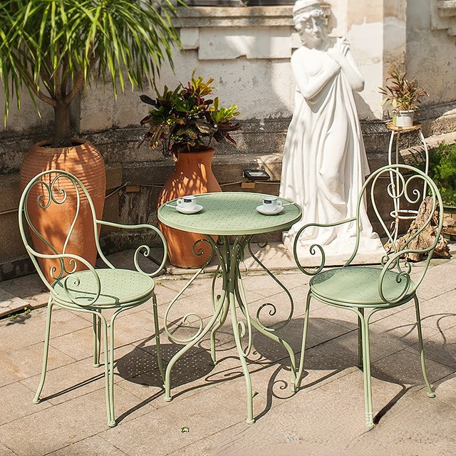 Mesa y silla al aire libre (1 mesa + 2 sillas), combinación de tres piezas  de hierro para balcón, terraza, mesa de jardín y silla, mesa de centro al