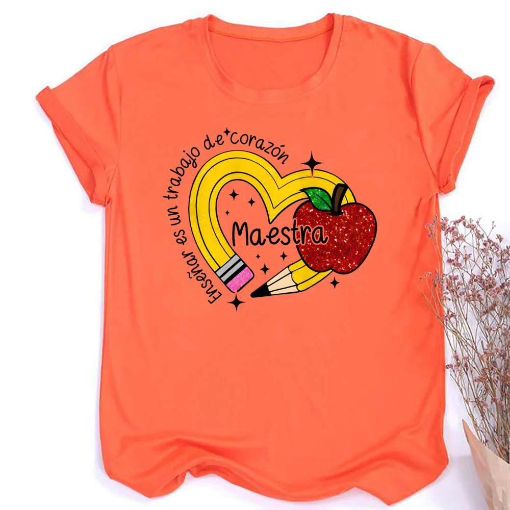 thumbnail image 1 of Camiseta informal con estampado de lápiz y MAESTRA para profesores y niñas, pantalón corto informal de manga para mujer, ropa de moda para profesores con cuello redondo, 1 of 5