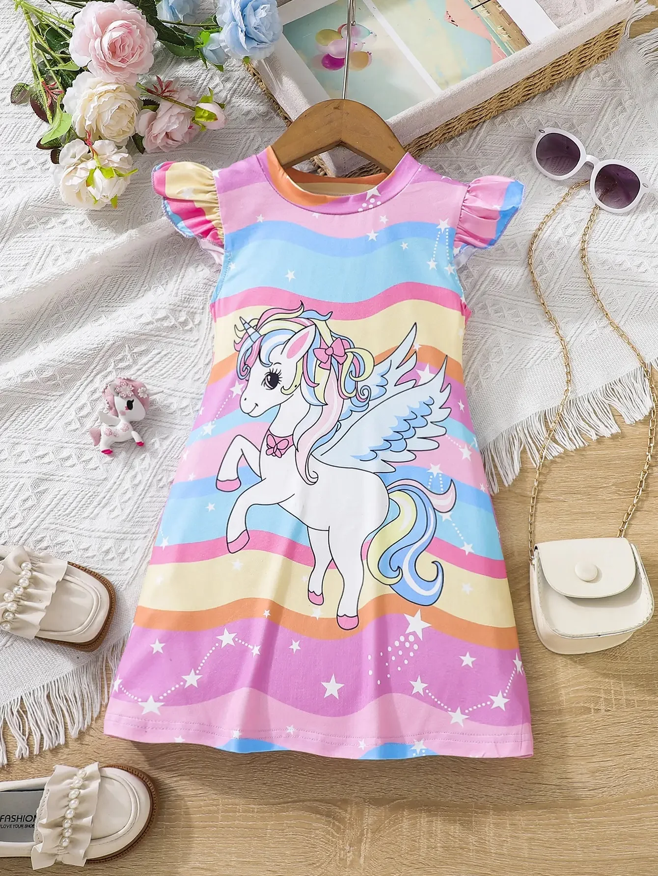 Kids Young Girl Unicorn Print Ruffle Trim Dress