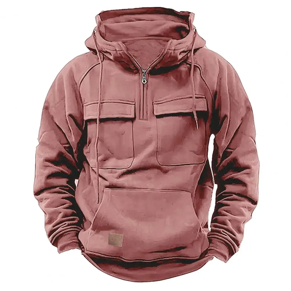 

Casual Hoodie Men's Fall Winter Hoodie with Drawstring Solid Color Big Patch Pocket Stylish Pullover Top for Men with Elastic