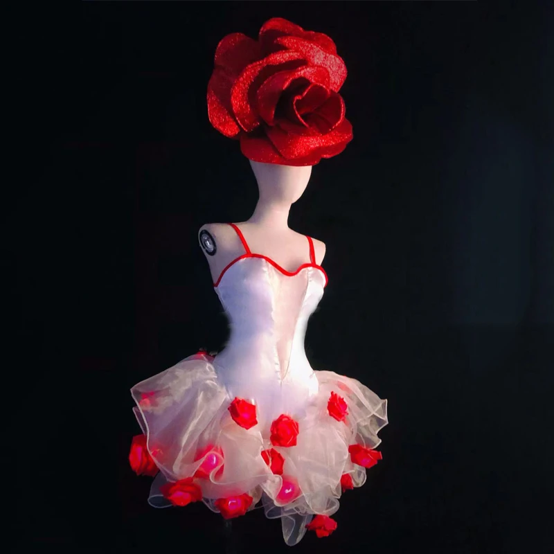 

White Gauze Tutu Dress Rose Flower Big Headdress Jazz Costume Women Pole Dance Clothing Festival Outfit Stage Clubwear XS4010