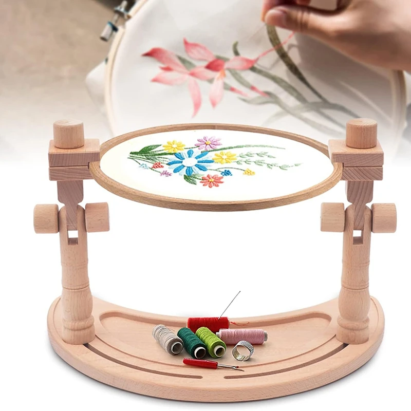 Adjustable Embroidery Stand, Rotated Stand Beech Wood Embroidery Hoop Holder For Arts Crafts Sewing Needlework