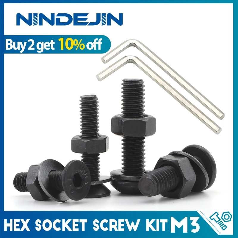 Nindejin m3 Hex Soquete Hexágono Botão Redondo Cabeça Plana Allen Parafusos Variedade Kit com Porcas Arruelas e Hex Chaves de Aço Carbono