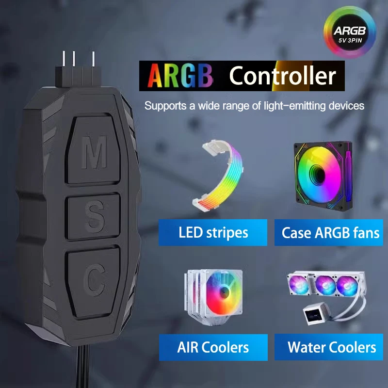 5V 3핀 ARGB 컨트롤러 - SATA 전원 공급 장치 컴퓨터 케이스용 미니 RGB 컨트롤러 ARGB 팬, 쿨러, LED 스트립 등