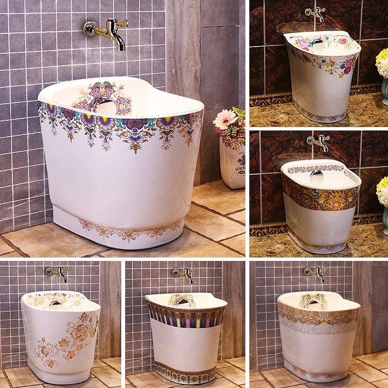 

Jingdezhen Mop Pool Balcony Ceramic Mop Pool Modern Art Mop Basin Bathroom Mop Sink Automatic Draining