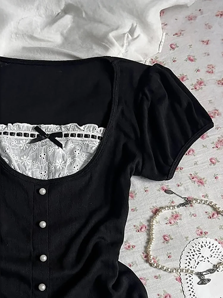 Lace Splice ort Sve Base irt Women's Summer Top Beautiful Ba Design Daily Wear Versatile Universal Fit Boting Tee