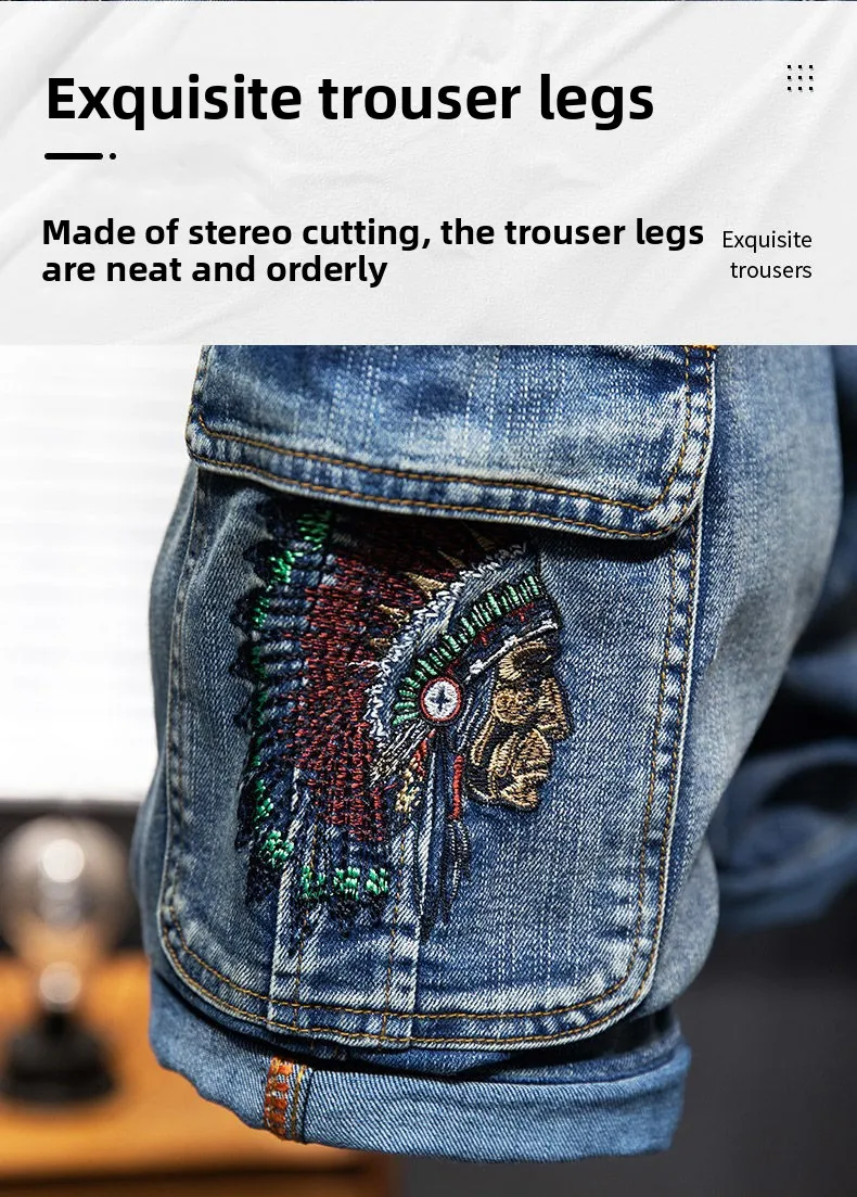 Embroidery Multi-pocket Denim Shorts Men's Pants Large Size Loose Outer Wear Medium Pants Summer Cargo Jeans Denim Short Men