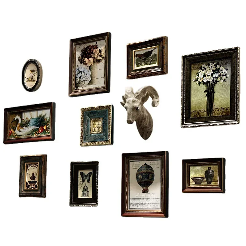 9-21/set American Retro Home Wall Hanging Deer Head Art Oil Painting Photo Solid Wood Photo Frame Wall Ornament Home Decoration 6