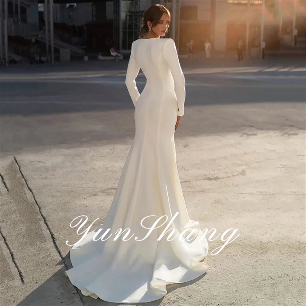 Yunshang Elegant Mermaid Wedding Dresses Long Sleeve V-Neck Beading Pleat Zipper Back Bridal Gown Sweep Train Vestidos De Novia