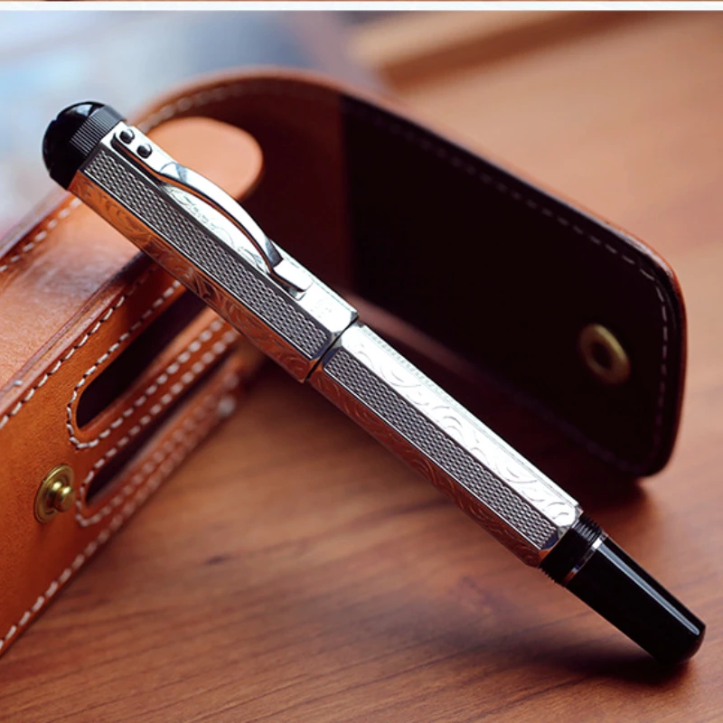 MAJOHN Last Craftsman P138 펜, 클래식 차동 피스톤 잉크 흡수, 팔면체 에칭 패턴, 실버 도금 잉크 펜