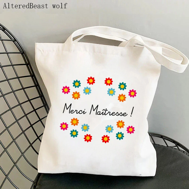 

French sun flowers Printed Women Canvas Shopping Bag Eco Harajuku Shoulder Bags Thank You Mistress School Bags teacher Gift