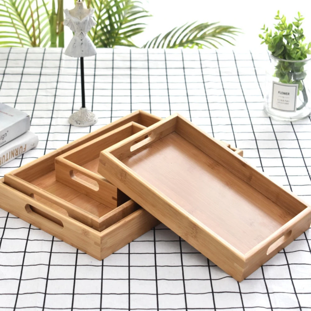 1PC Bamboo wooden tray Tea tableware holder Fruit bread dessert tea food with handle rectangle wooden serving tray tea tray