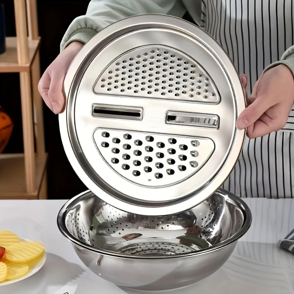 3pcs Stainless Steel Multi-Functional Kitchen Grater Set Draining Bowl with Vegetable Washing Mandoline Slicer for Potato