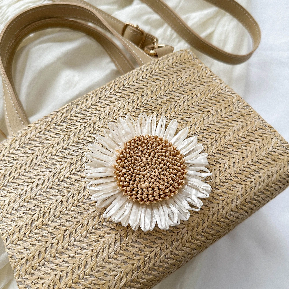 Sun Flower Straw Bag Handbag Adjustable Strap Weaving Shoulder Bag for Daily Life Leisure