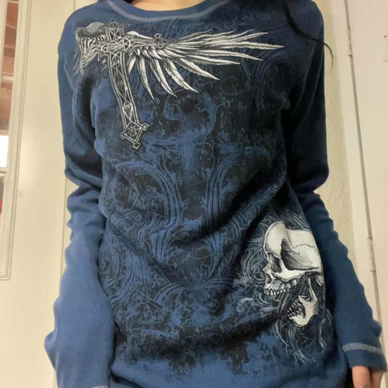 Vintage Mall Goth Loose Pullovers Tops Y2k Aesthetics Graphics Cross