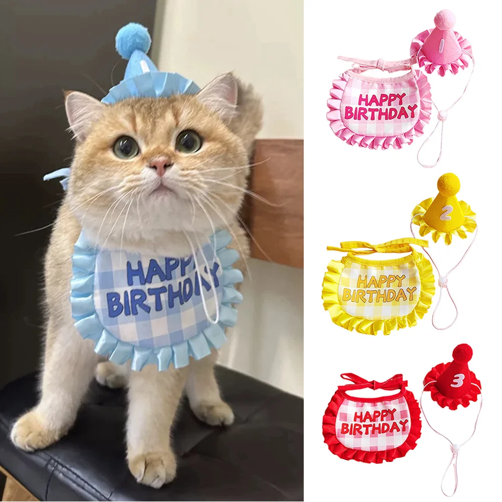 Cute Cat Dog Birthday Bib And Party Hat Mini Doggy Cat Adjustable