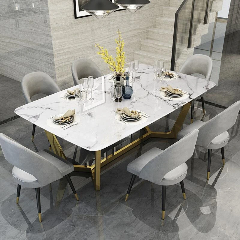 Description Picture 5 of itemMavisun Nordic Stainless Steel Dinette Combination Simple Designer Creative Luxury Rectangular Marble Dining Table With 6 Chairs