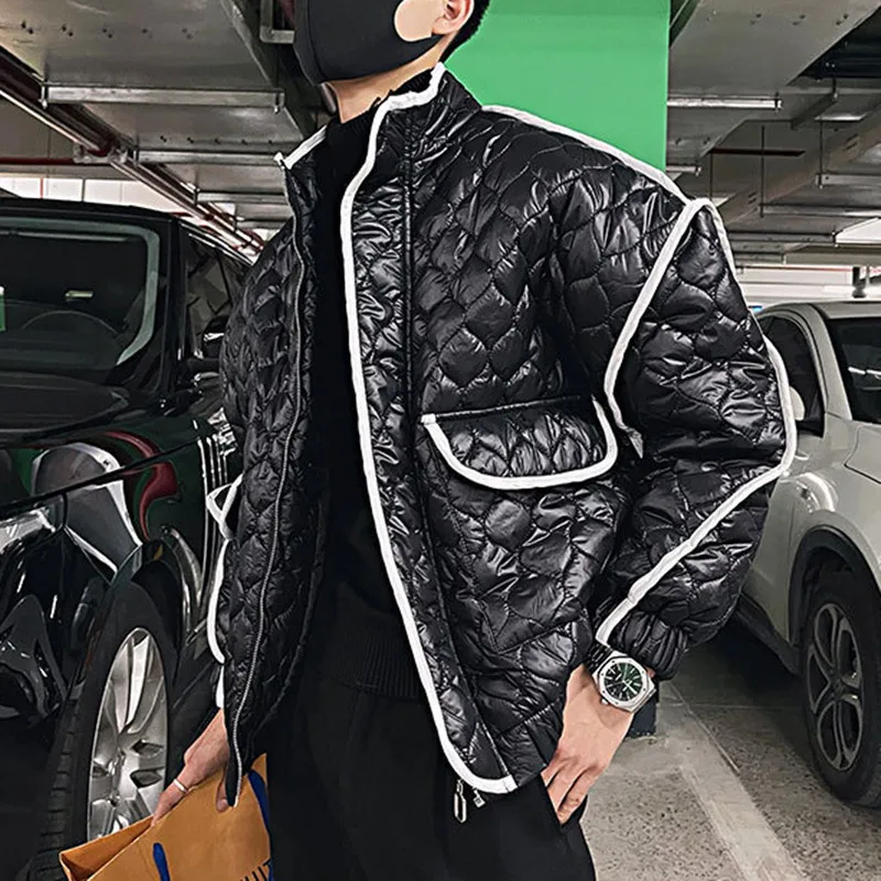 Winter Society Boy Lingge Short Parkas Men Loose Warm Pressed Cotton Padded Jacket White Edge Argyle Big Pocket Streetwear Coats