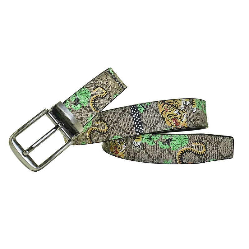 

Western Jeans Causal Tiger Green Print Pin Buckle Men leather Belt Fashion Business Strap