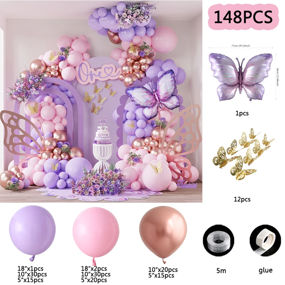Vlinderbandjes voor verjaardagsdecoratie, roze vlinderbandjes met ballonnen, geschikt voor damesverjaardagen, bruidsgeschenkfeesten, huwelijken en verlovingen (roze