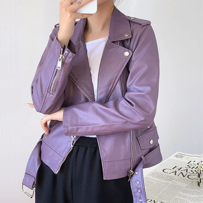 

Korean Women's Short Imitation PU Leather Jackets Slim With Belt Autumn Turn-down Collar Long Sleeve Female Biker Jacket Outwear