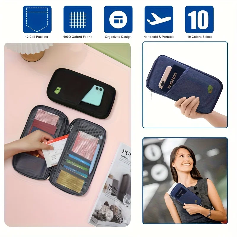 Travel Passport Holder Multi-Functional Wallet-Style Travel Document Holder Men's Women's Style Passport Wallet Organizer Bag