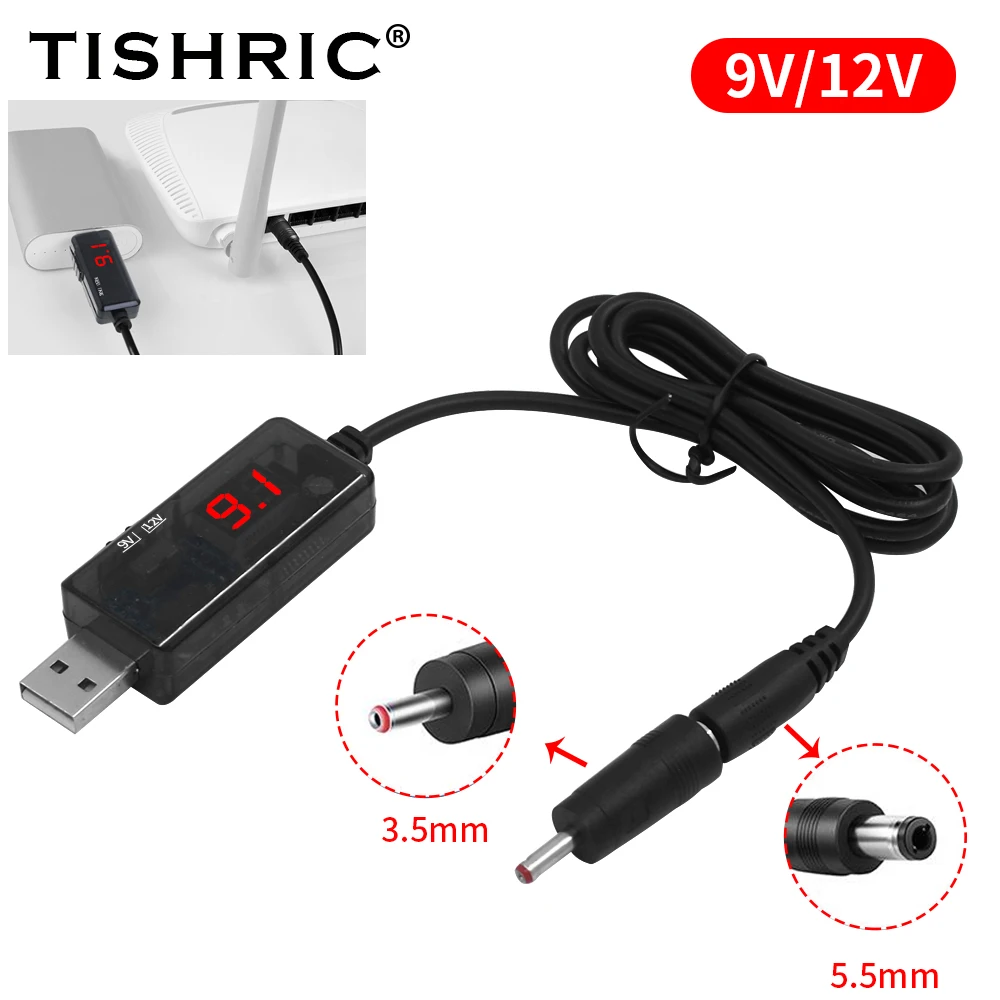 TISHRIC KWS-912 Red Display Voltage USB to DC 5.5/3. 5mm Router Optical Cat Booster Wire Transparent Shell USB Power Boost Cable
