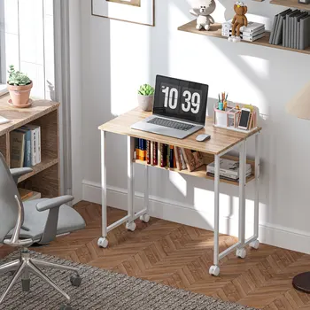 HOMCOM 80 cm Foldable Computer Desk on Wheels for Small Spaces Natural
