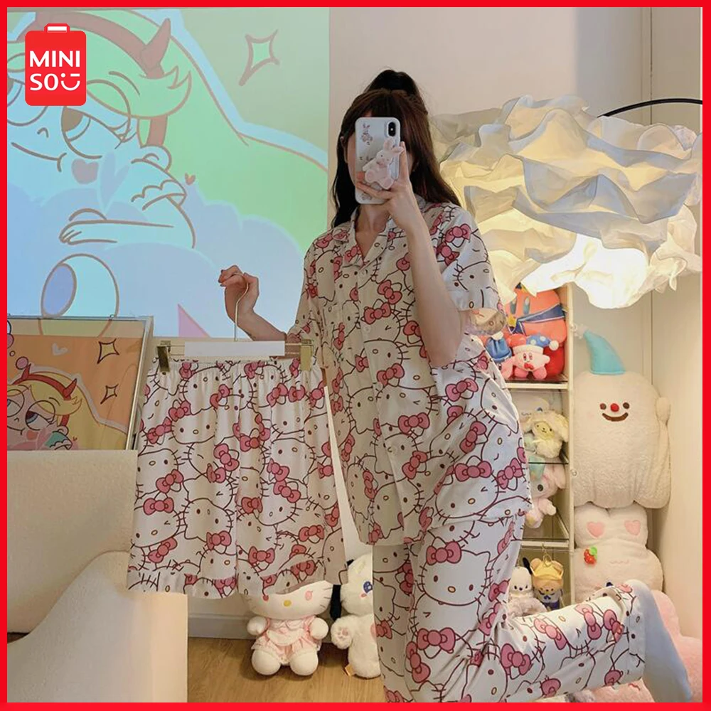 

2023 New Miniso Sanrio Kawaii Hellokitty Korean Homewear Pajamas Winter Women's Three-Piece Cute Sweet Cardigan Set Christmas