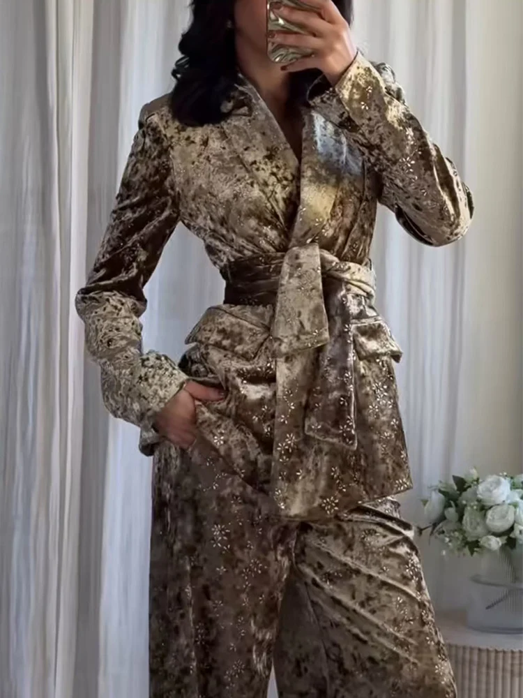 New Women Blazer Pants Set Fashion Elegant Belted Suit Coat Wide Leg Lantren Pants Vintage Velvet Female Party Clubwear Suit