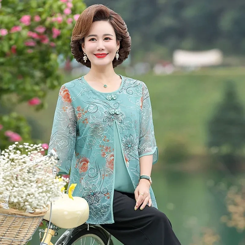 Middle Age Women Summer Chiffon Blouse New Fake Two Pieces Shirts